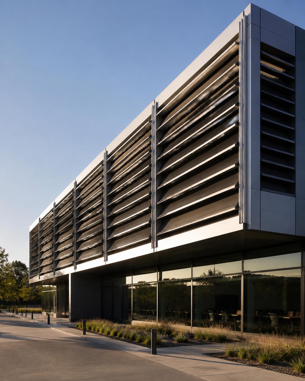 Modern commercial building exterior with an aluminum louvered facade system