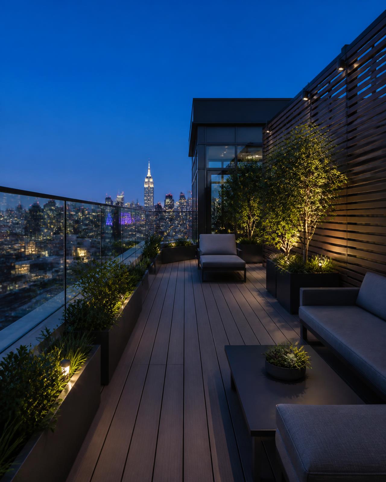 Rooftop terrace with composite decking, planters and a slatted screen wall above a city skyline